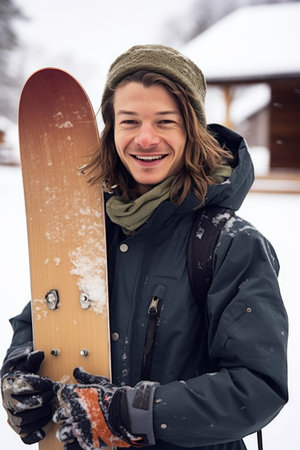 shot of a young man smiling at the camera while standing with his snowboardの素材