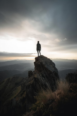 shot of a man standing on the side of the mountainの素材
