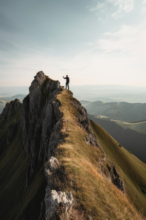 shot of a man standing on the side of the mountainの素材