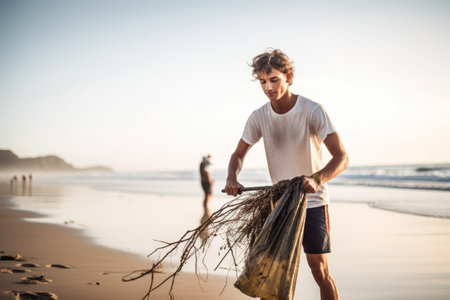 shot of a young man picking up rubbish on the beachの素材