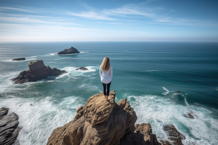shot of a young woman looking at the ocean from the top of a rockの素材