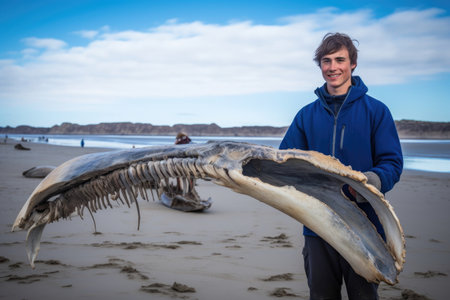 portrait of a young man holding up a blue whale skeleton on the beach during a cleanupの素材