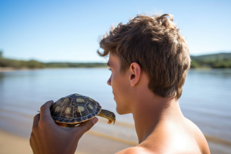 rearview shot of a young man holding a turtle at the beachの素材