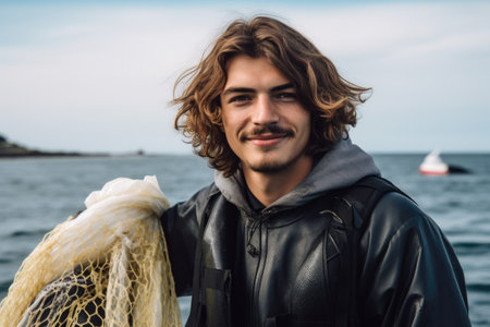portrait of a young man taking part in an ocean cleanup with his friendsの素材