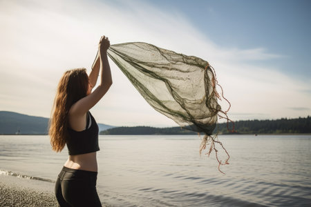 shot of a young woman holding up the net she used to pick up garbage from the beachの素材