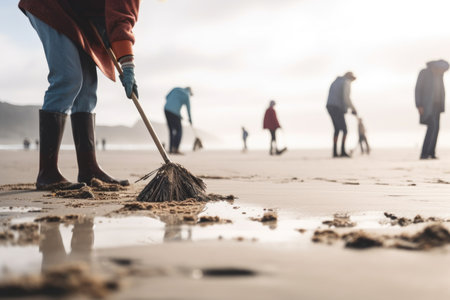 cropped shot of a unrecognizable people raking up rubbish on the beachの素材