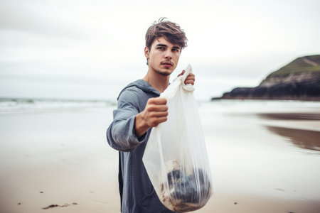 shot of a young man holding plastic bags at the beachの素材