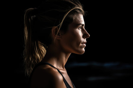 shot of a young woman at the beach on blackの素材