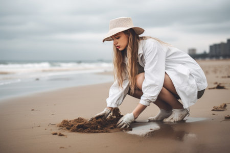 shot of a young woman cleaning up rubbish on the beachの素材