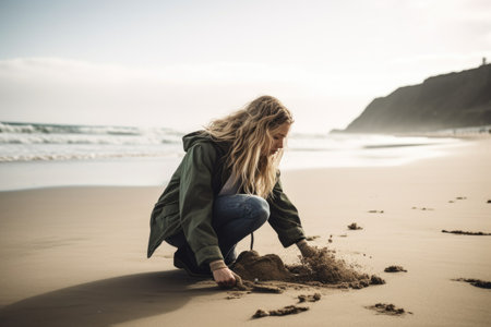 shot of a young woman cleaning up rubbish on the beachの素材