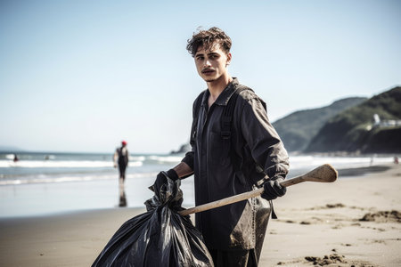 shot of a young man taking a break from cleaning up the beachの素材