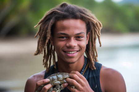 portrait of a young man holding a turtle that he found while cleaning the beachの素材