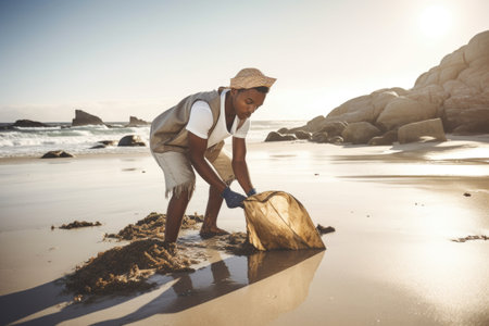 shot of a young man cleaning up rubbish on the beachの素材
