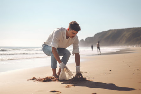 shot of a young man cleaning up rubbish on the beachの素材