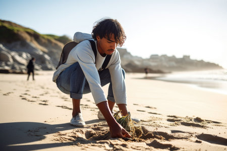 shot of a young man cleaning up litter at the beachの素材