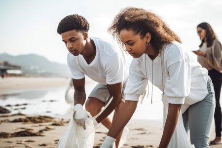 shot of a young man and woman having a discussion while cleaning up litter from the beachの素材