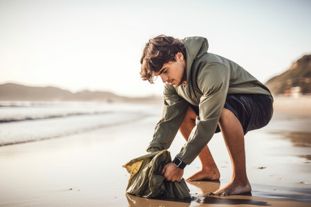shot of a young man picking up trash on the beachの素材