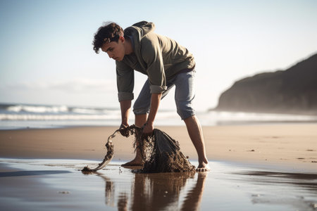 shot of a young man cleaning up rubbish on the beachの素材