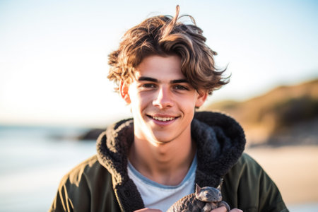 shot of a young man holding a turtle at the beachの素材