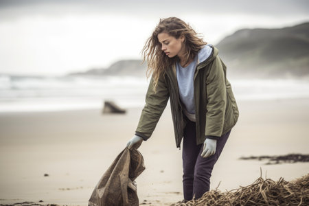 shot of a young woman cleaning up rubbish at the beach on a windy dayの素材
