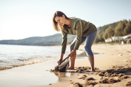 shot of a young woman cleaning up the beachの素材