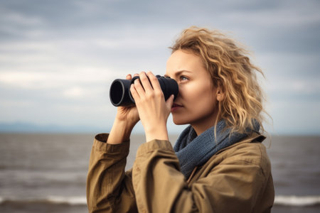 shot of a young woman holding binoculars while going out to sea at the beachの素材