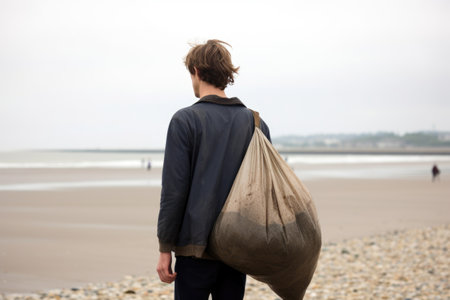 rear view shot of a young man holding a bag of rubbish at the beachの素材