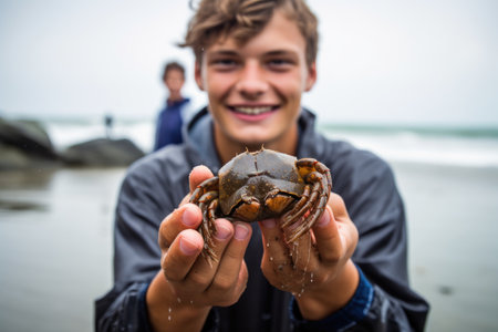 shot of a young man holding up a crab he found while beach cleaningの素材