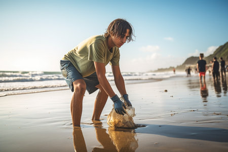 shot of a young man cleaning up plastic at the beachの素材