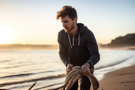 shot of a young man holding the rope for his boat at the beachの素材