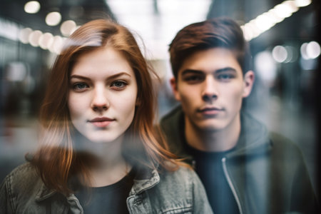 multiple exposure shot of a young woman and man looking at the camera in publicの素材