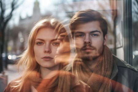 multiple exposure shot of a young woman and man looking at the camera in publicの素材
