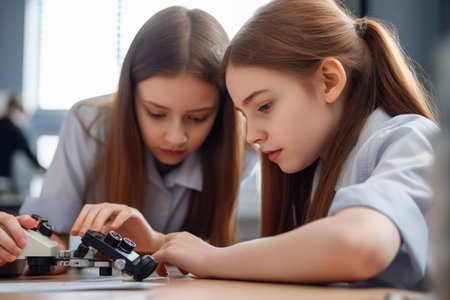 cropped shot of two young schoolgirls working on a project together in classの素材