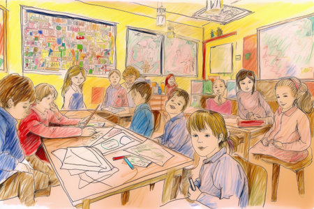 drawing, children and portrait of students in a classroom happy from learning, creativity and educationの素材