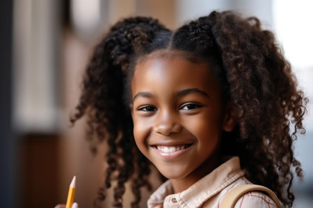 young african american girl holding her pencil and smiling while at schoolの素材