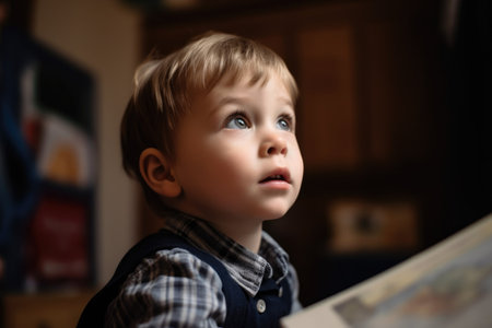 a cute little boy looking up while reading in classの素材