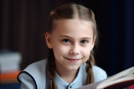 learning, reading book and portrait of girl with education, motivation and happy student at schoolの素材