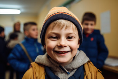 a young boy smiling with his friend in the background at schoolの素材