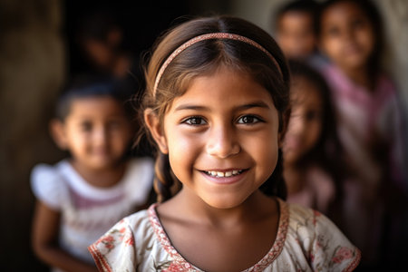 portrait of a little girl smiling at the camera with her friends in the backgroundの素材