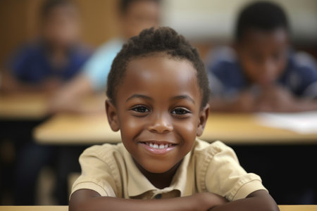 young boy sitting in class and smiling at youの素材