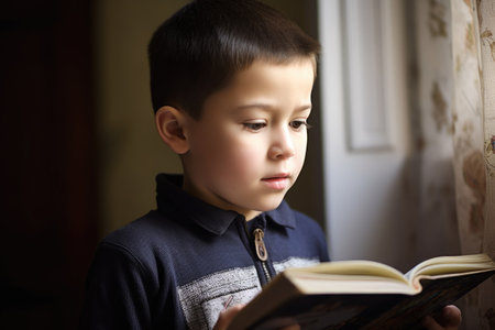 a young boy holding a book while looking at a text bookの素材