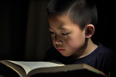 a young boy holding a book while looking at a text bookの素材