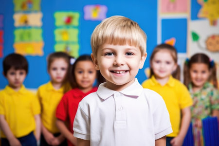 portrait of a happy little boy with his classmates standing in the backgroundの素材