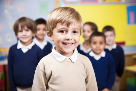 portrait of a happy little boy with his classmates standing in the backgroundの素材
