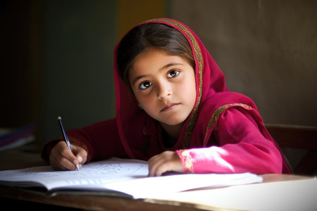 a young girl doing homework in classの素材