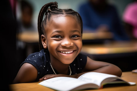 a young girl smiling while reading a book in classの素材