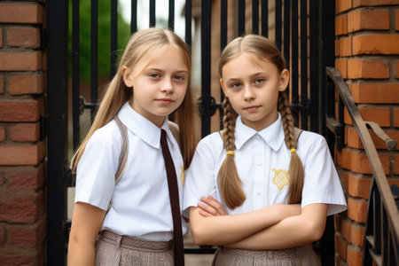 portrait of two elementary school girls in their uniforms standing together at the gateの素材