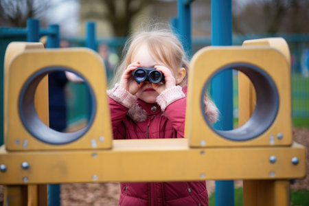 a young girl looking through binoculars at the school playgroundの素材
