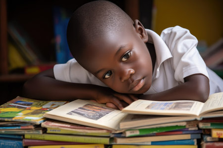 a primary school kid looking over his booksの素材