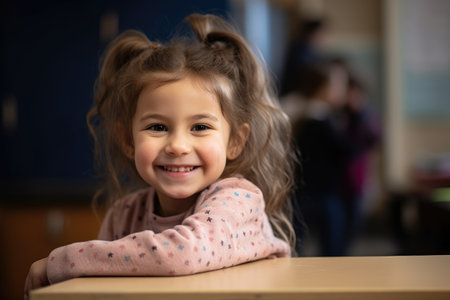 portrait of a little girl smiling while sitting at a desk in classの素材